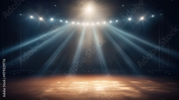 Fototapeta Dramatic Stage Lighting with Spotlight Beams Illuminating a Theatrical Background for Performance and Artistic Presentation