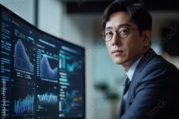 Fototapeta Confident businessman looking at camera, sitting at desk with large monitor displaying financial data charts and graphs.