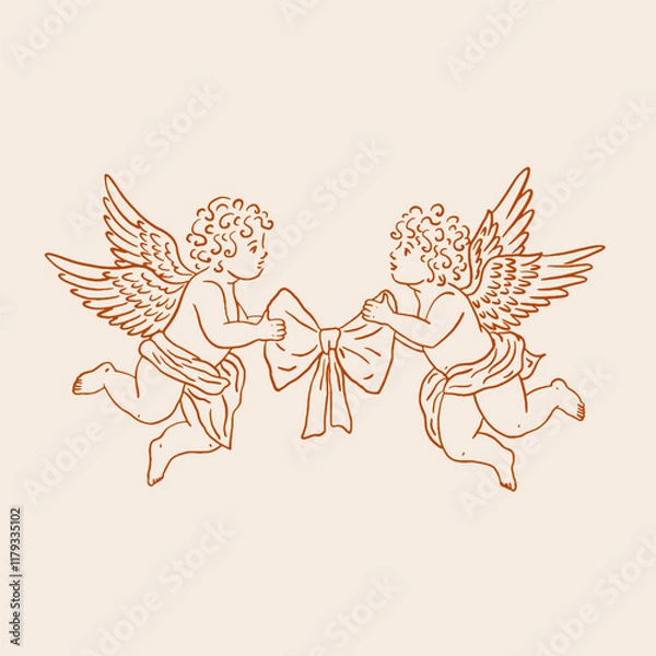 Fototapeta Two cherubs holding a bow. Vintage style.