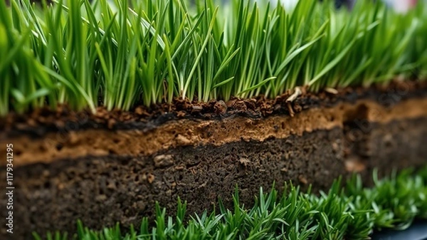 Fototapeta Grass Root System Cross-Section, Detailed Soil Layers, High-Quality AI Image