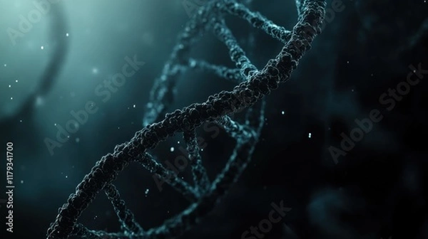 Fototapeta Close-up of a DNA double helix strand, rendered in dark teal tones with a blurred background.