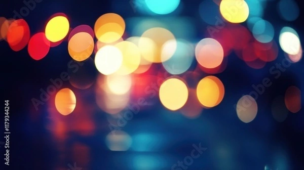 Fototapeta Abstract bokeh of colorful city lights at night, reflecting on wet asphalt.