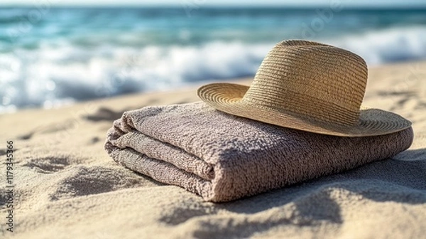 Fototapeta Soft towel and sun hat resting on sandy beach by ocean waves on a sunny day. Generative AI