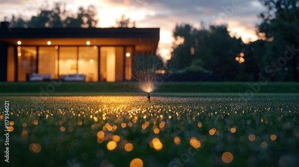 Obraz Evening garden watering with landscape backdrop and gentle lighting on a serene lawn. Generative AI