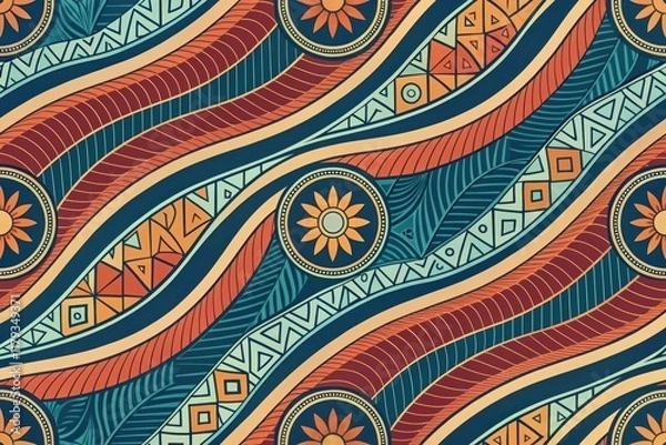 Obraz Abstract Wavy Pattern with Tribal Geometric Motifs and Floral Elements