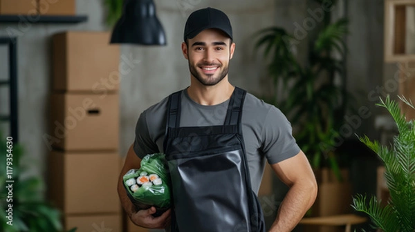 Fototapeta Smiling delivery driver holding a thermal bag containing fresh sushi orders, ready for quick and reliable delivery.
