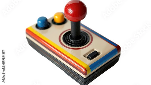 Fototapeta Vintage arcade joystick featuring colorful buttons and a prominent red joystick, ideal for classic gaming enthusiasts on transparent background