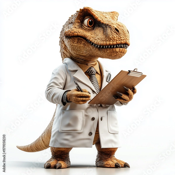 Fototapeta T-rex using lab coat, holding a clipboard, isolated, 3D, realistic