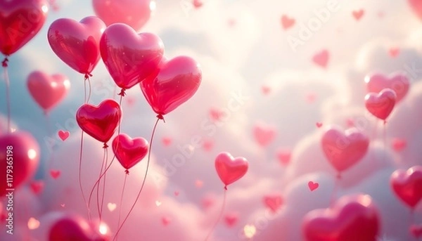 Fototapeta Romantic Heart Balloons Floating in Cloudy Sky - Valentine's Day Background