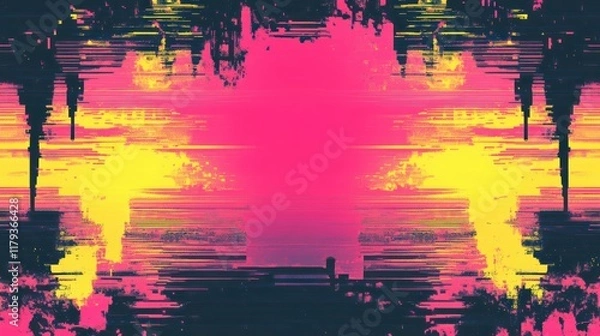 Fototapeta Abstract glitch art with vibrant pink, yellow, and black color palettes creating a symmetrical, distorted landscape.