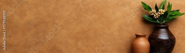 Fototapeta Rustic Elegance: A Still Life of Simple Beauty with Vases and Greenery on a Warm Brown Background 