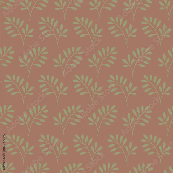 Fototapeta Seamless botanical pattern with green branches, leaves on a mocha mousse color background