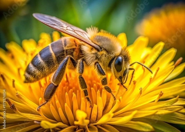 Fototapeta Close-up of a Busy Bee Pollinating a Yellow Dandelion Flower