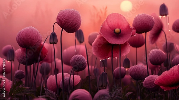 Fototapeta Close-up of a field of balloon flowers in early morning with sun and dew drops
