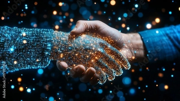 Fototapeta Innovative peer-to-peer lending platform showcasing AI technology through digital handshake