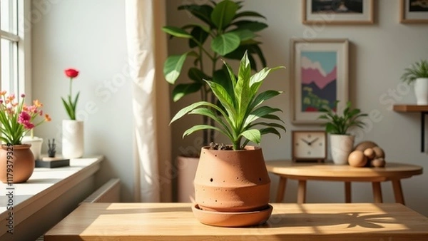 Fototapeta A beautiful light brown planter sits at the heart of this cozy indoor scene, its intricate drainage holes adding texture to the warm wooden table that surrounds it, with a lush green plant flourishing
