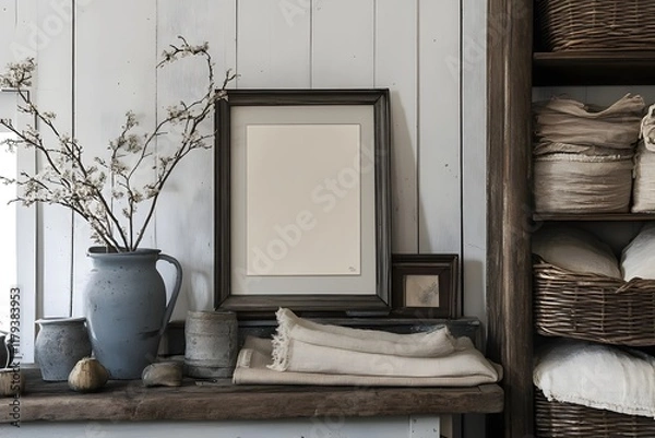 Fototapeta A serene interior scene featuring a frame, vase, and neatly arranged textiles.
