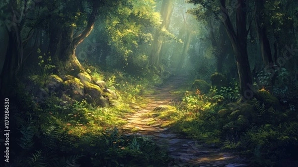 Fototapeta A serene forest path illuminated by sunlight, inviting exploration and tranquility.