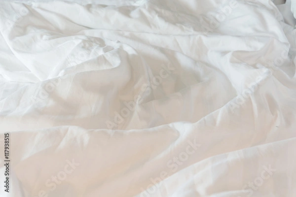 Fototapeta white blanket messy, white bedding sheet messy