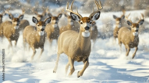 Fototapeta A herd of mule deer bounding through deep snow, their distinctive ears and antlers visible.