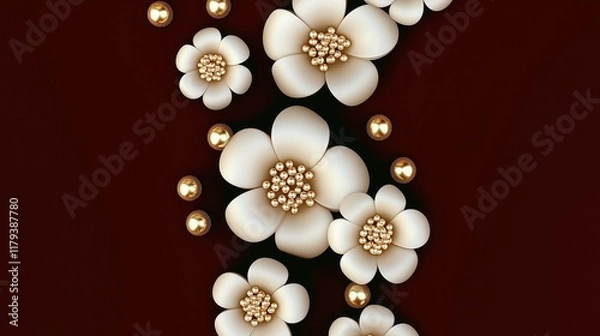 Fototapeta 3D rendering of cartoon-style white flowers and green leaves on a dark red background with golden spheres