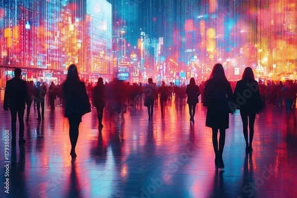 Fototapeta abstract blurred trade show exhibition hall with silhouettes of business professionals networking against modern led display background