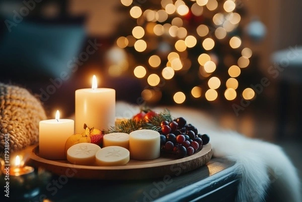 Fototapeta Cozy Holiday Table Setting with Fresh Fruit and Candles on a Wooden Plate Surrounded by Soft Candlelight and a Bokeh Background