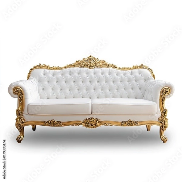 Obraz Elegant Luxury White and Gold Sofa Isolated on White Background. Classic Ornate Furniture with Golden Carved Details, Velvet Upholstery, and Baroque Aesthetic for Sophisticated Interior Design.