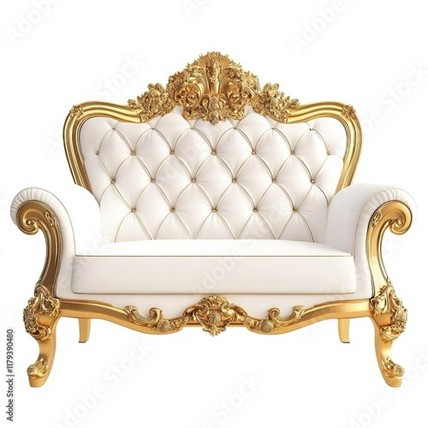 Obraz Elegant Luxury White and Gold Sofa Isolated on White Background. Classic Ornate Furniture with Golden Carved Details, Velvet Upholstery, and Baroque Aesthetic for Sophisticated Interior Design.
