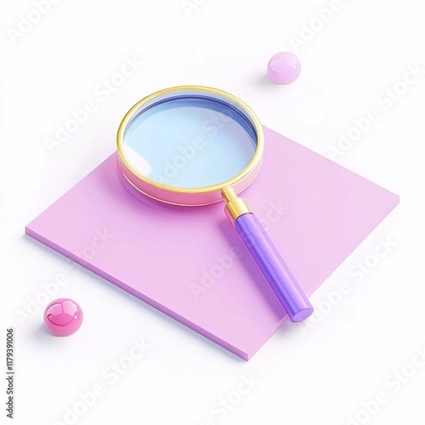 Obraz 3D Render of a Magnifying Glass in Isometric View, Isolated on White Background. Detailed and Clear Lens with a Sleek Handle, Symbolizing Focus, Examination, and Precision.