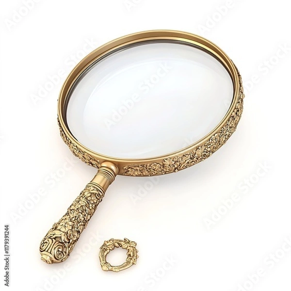Obraz 3D Render of a Magnifying Glass in Isometric View, Isolated on White Background. Detailed and Clear Lens with a Sleek Handle, Symbolizing Focus, Examination, and Precision.
