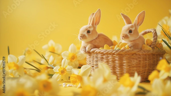 Obraz Urocza kartka z życzeniami z okazji Wielkanocy. Wielkanocne zające w koszyku wśród żonkili. Wielkanoc