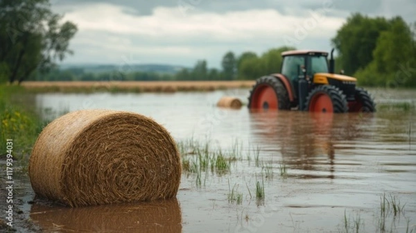 Fototapeta Tractor navigating flooded farmland with hay bales submerged in water during overcast weather. Generative AI