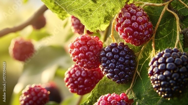 Obraz Berries ripening on the vine during golden hour in a lush garden landscape. Generative AI