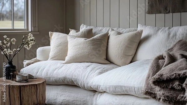 Fototapeta Cozy Living Room with Neutral Texture and Soft Pillows
