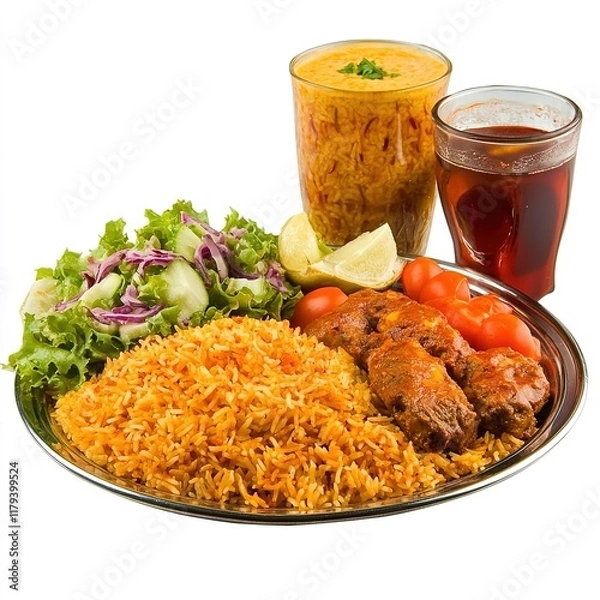 Obraz Delicious Biryani Plate with Salad and Soft Drink – Clipart Illustration, Isolated on White