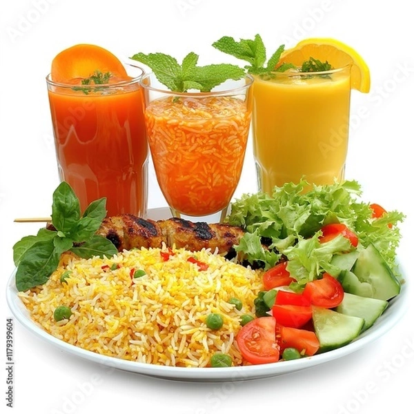 Obraz Delicious Biryani Plate with Salad and Soft Drink – Clipart Illustration, Isolated on White