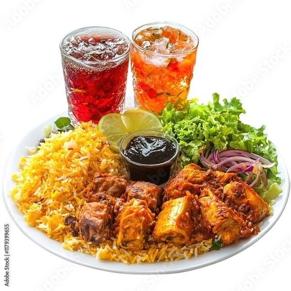 Obraz Delicious Biryani Plate with Salad and Soft Drink – Clipart Illustration, Isolated on White