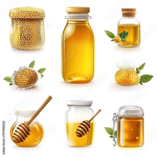 Obraz Realistic 3D Honey Drip – Isolated Vector on White Background
