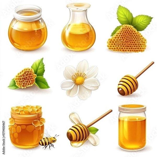 Obraz Realistic 3D Honey Drip – Isolated Vector on White Background