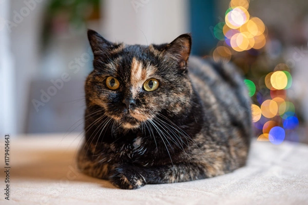 Obraz British Shorthair domestic cat with tortoiseshell coat striking a pose on a table during the festive season.