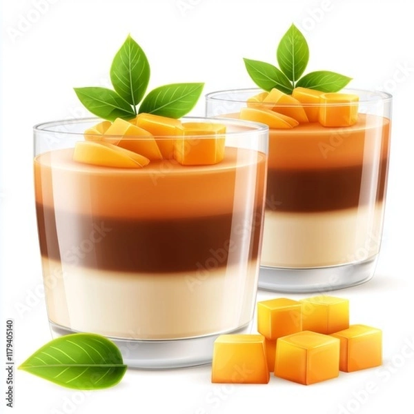 Fototapeta Delicious layered dessert with mango, chocolate, and vanilla cream topped with fresh mango pieces and green leaves in clear glasses