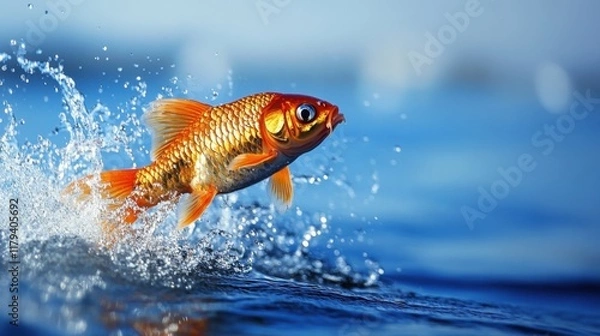 Obraz Vibrant Goldfish Leaping Above Water Surface with Splashes