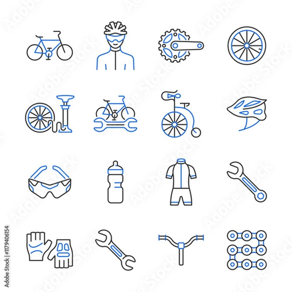 Fototapeta Bicycle line color icon set. Bike outline symbol collection with bicyclist, wheel, bicycle pump, lock, glasses, handlebar, wrench. Vector illustration of repair service.