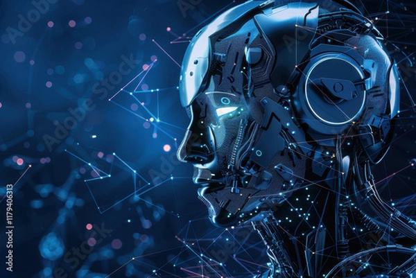Obraz horizontal image of a humanoid cyborg in the context of AI agent and futuristic technology