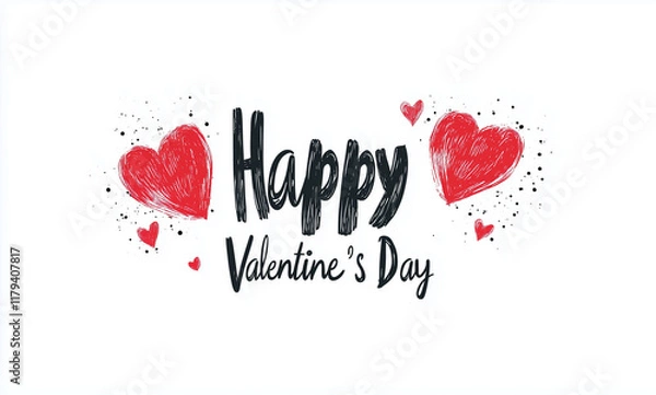 Obraz "Happy Valentine's Day" Handwritten Vector Illustration, Flat Design with Hand Drawn Cursive Font, Romantic Typography Featuring Black Letters and Red Hearts, Festive Greeting for Lovers.
﻿