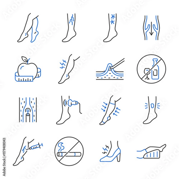 Fototapeta Varicose veins line color icon set. Leg veins thrombosis disease. Treatment, surgery and prevention of varicose veins vector sign with ultrasaund, ulcer, phlebectomy, laser coagulation.