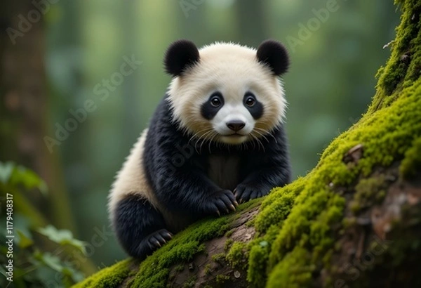 Fototapeta Inquisitive Panda Cub on a Mossy Log
