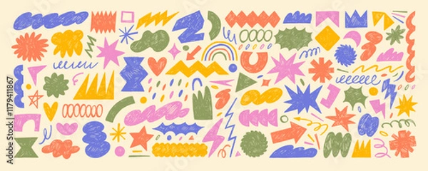 Fototapeta Collection of funky doodle childish style figures and geometric shapes drawn by colored crayon.