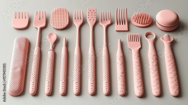 Obraz Pink grooming tools arranged on a gray surface; various shapes and sizes; modern design aesthetic.